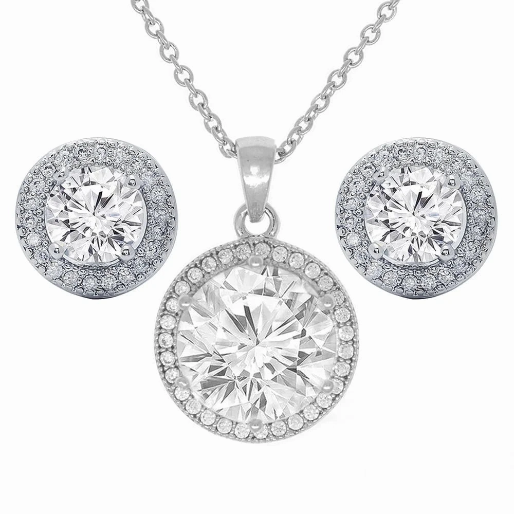 Mariah 18k White Gold Plated Halo Stud Earring and Necklace Jewelry Set with Simulated Diamond Crystals