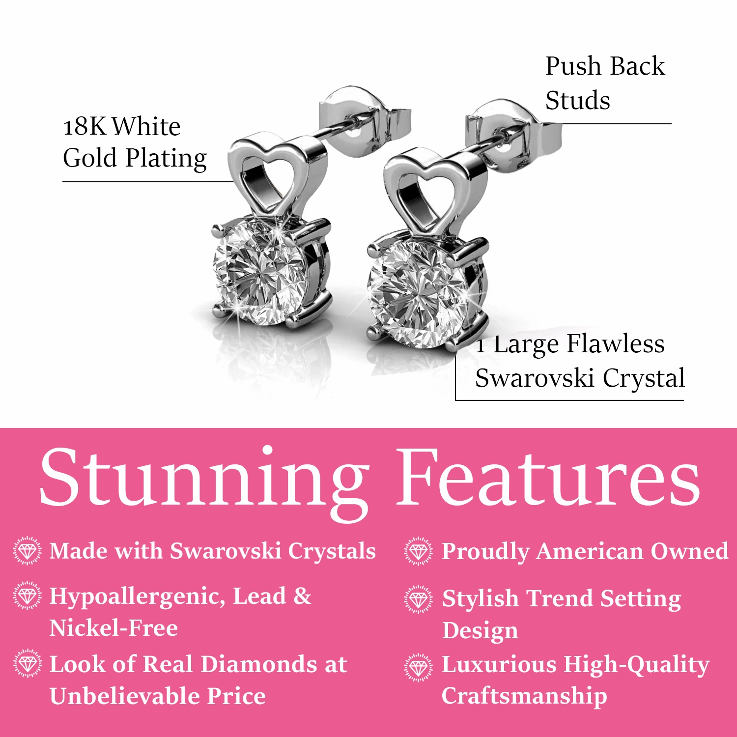 Marian 18k White Gold Heart Earrings with Round Cut Swarovski Crystal