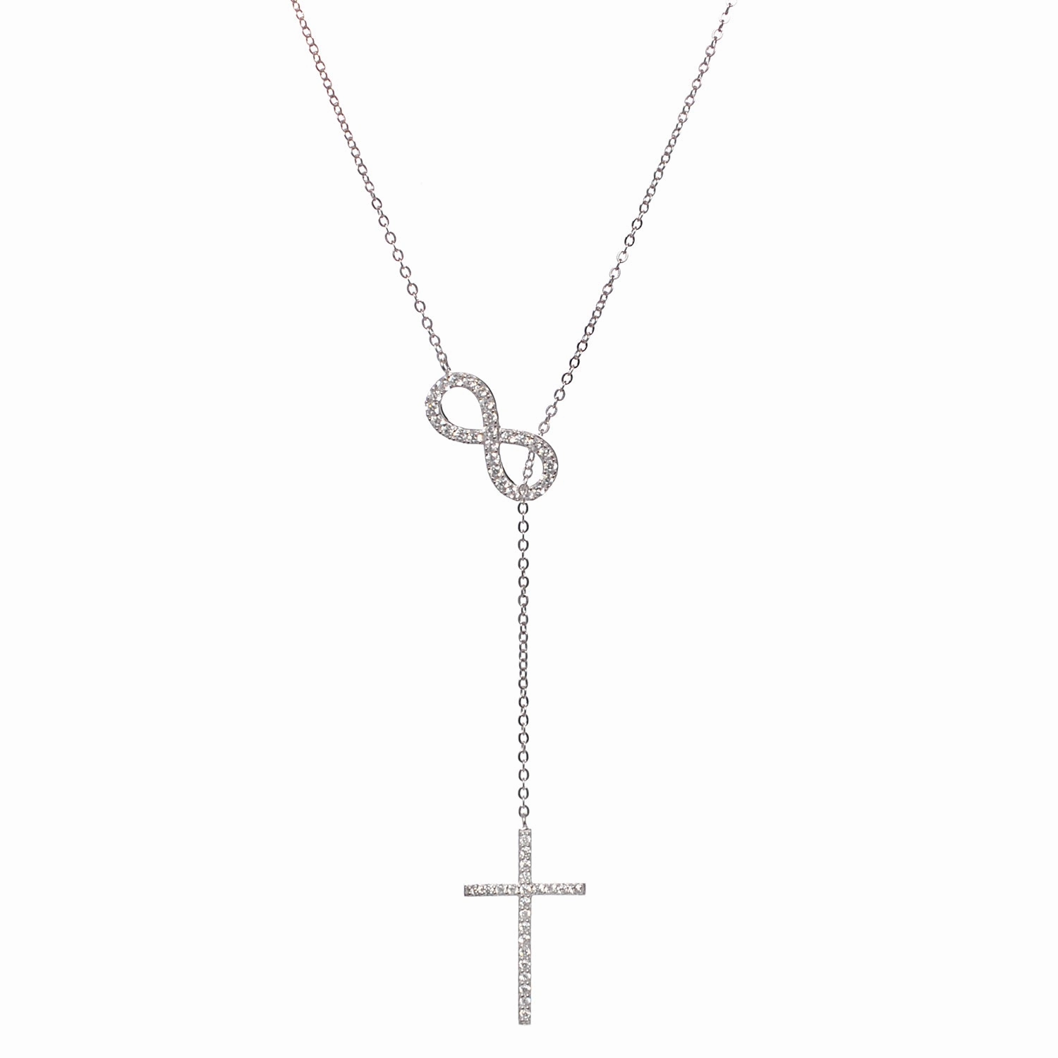 Mary Sterling Silver Infinity Cross Y-Necklace with  Simulated Diamond Crystals