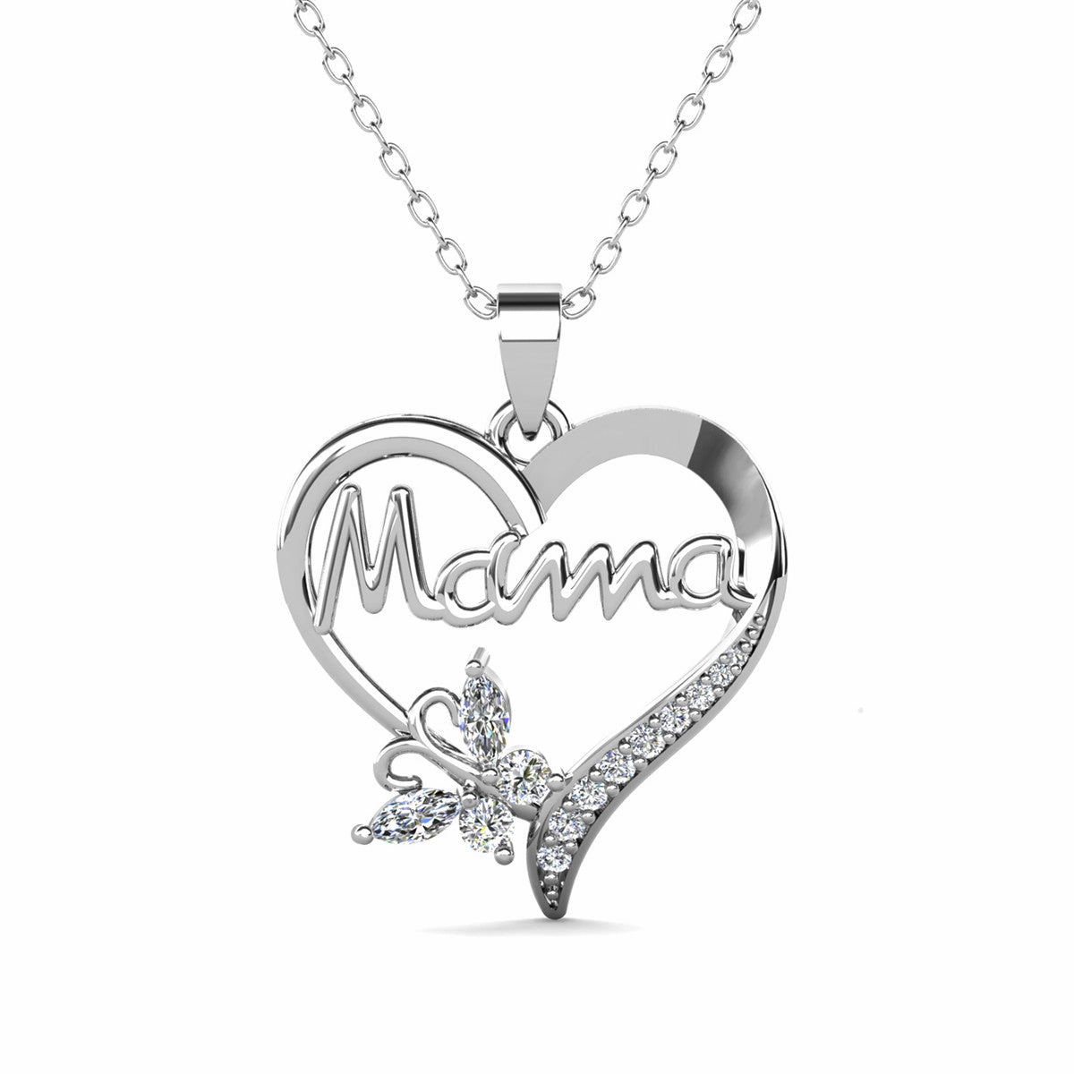 Mavis 18k White Gold Plated Mama Heart Pendant Necklace with Swarovski Crystals