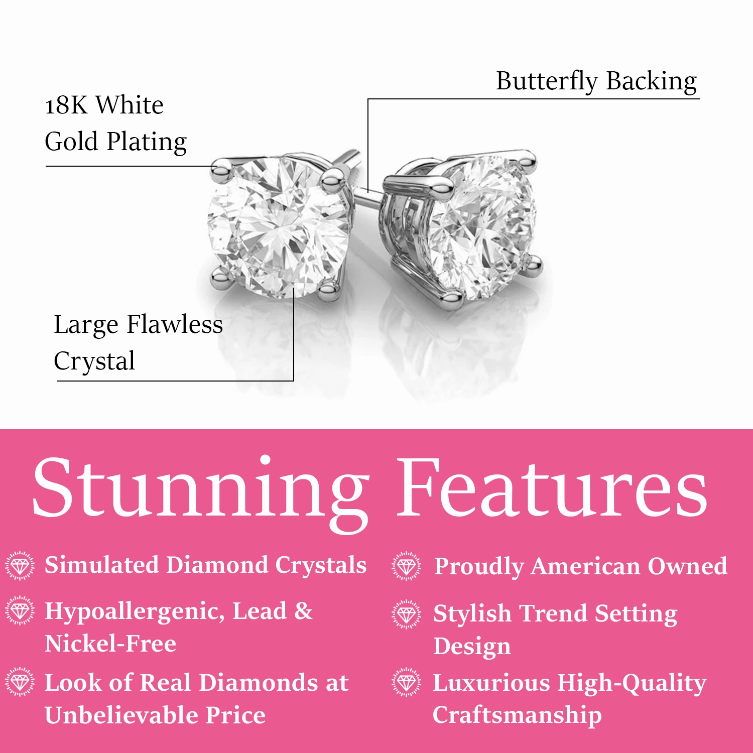 Mia 18k White Gold Plated Sterling Silver Stud Earrings with Simulated Diamond Crystals