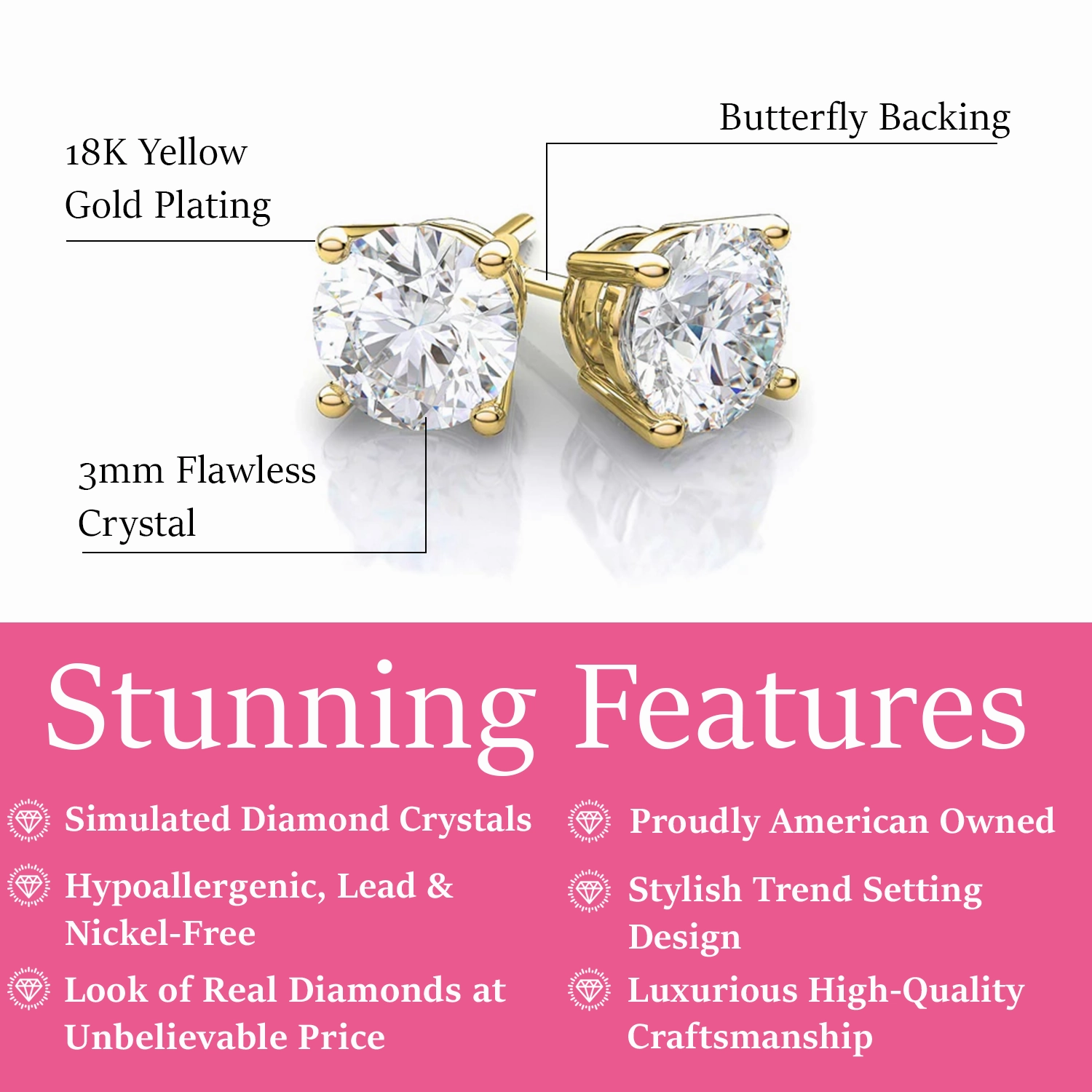 Mia 18k White Gold Plated Sterling Silver Stud Earrings with Simulated Diamond Crystals