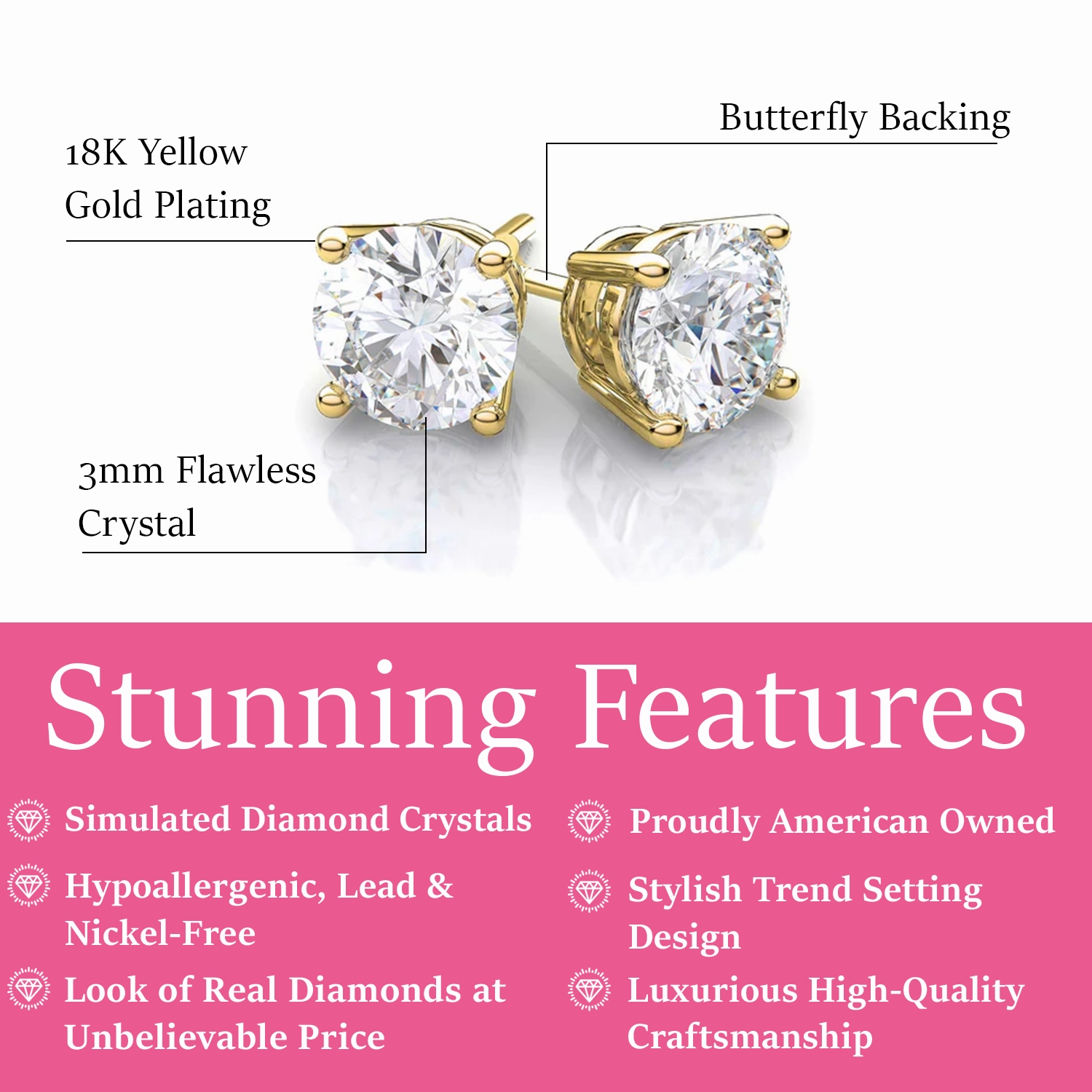 Mia 18k White Gold Plated Sterling Silver Stud Earrings with Simulated Diamond Crystals