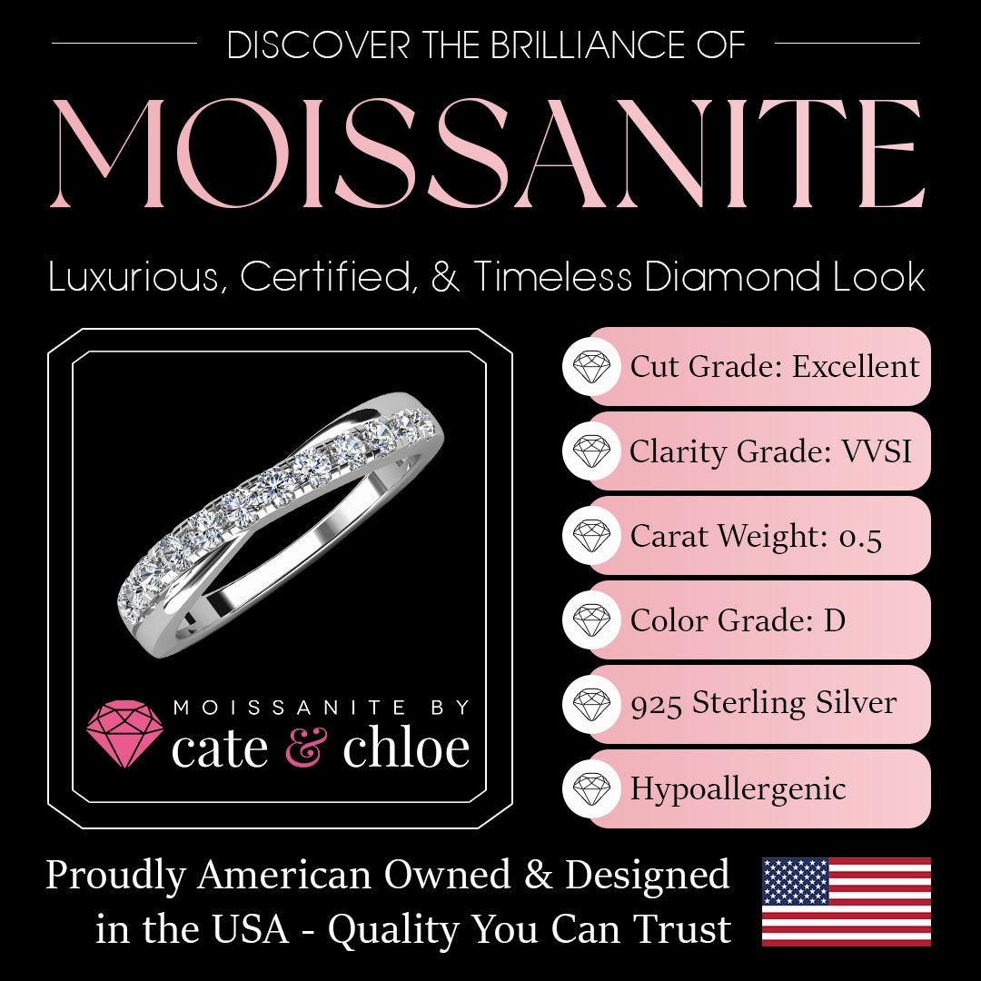Moissanite by Cate & Chloe Emerson 0.36tcw Round Cut 925 Sterling Silver 18K White Gold Plated Wedding Band