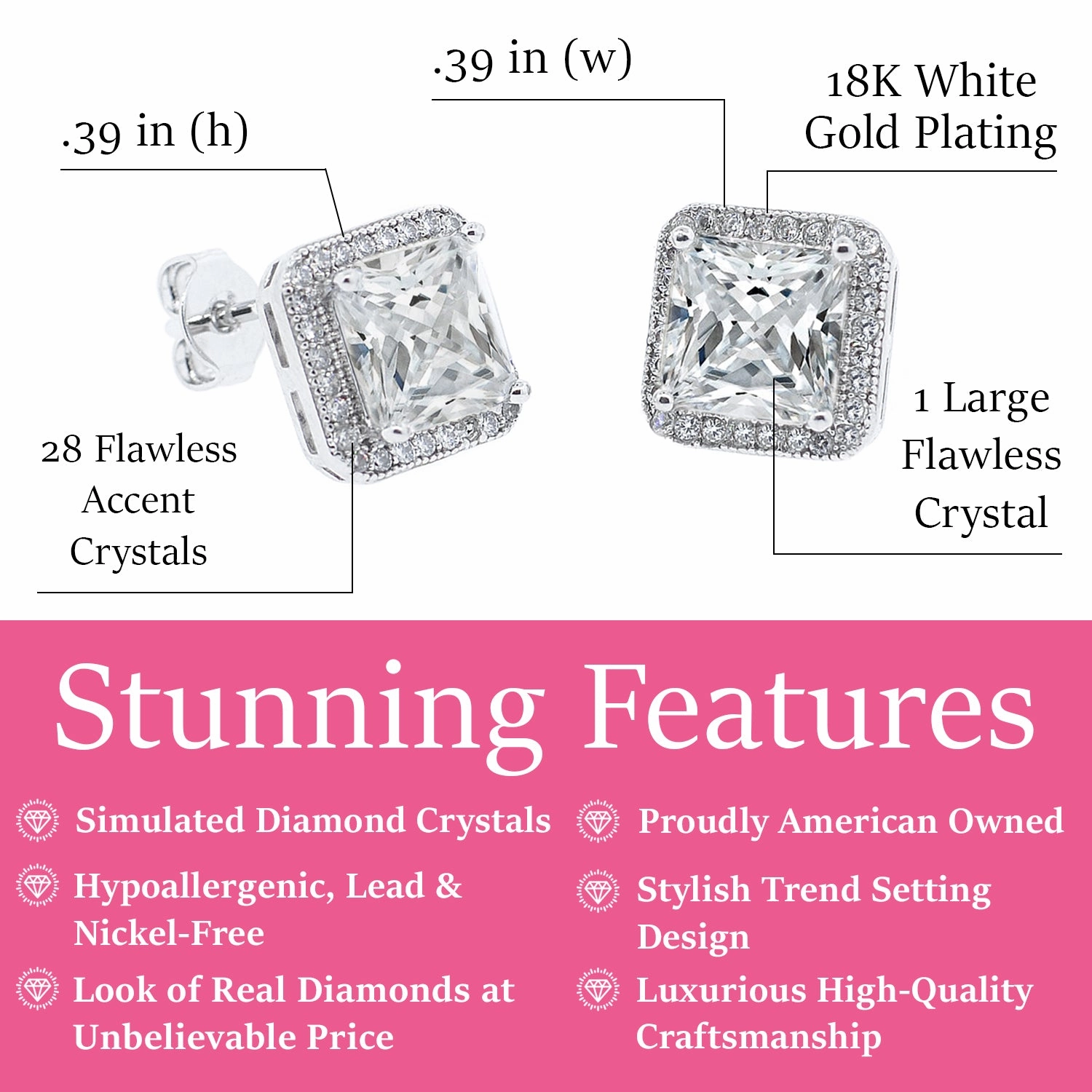 Norah 18k White Gold Plated Princess Cut Halo Stud Earrings with Simulated Diamond Crystals