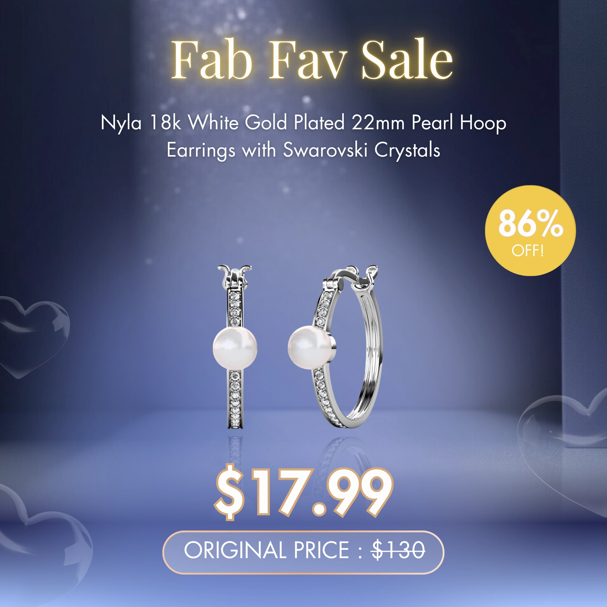 Nyla 18k White Gold Plated 22mm Pearl Hoop Earrings with Swarovski Crystals   Fab Fav Sale
