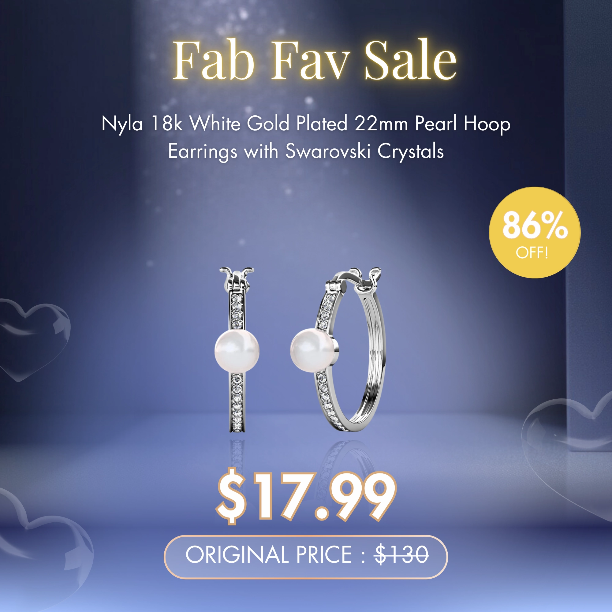 Nyla 18k White Gold Plated 22mm Pearl Hoop Earrings with Swarovski Crystals   Fab Fav Sale