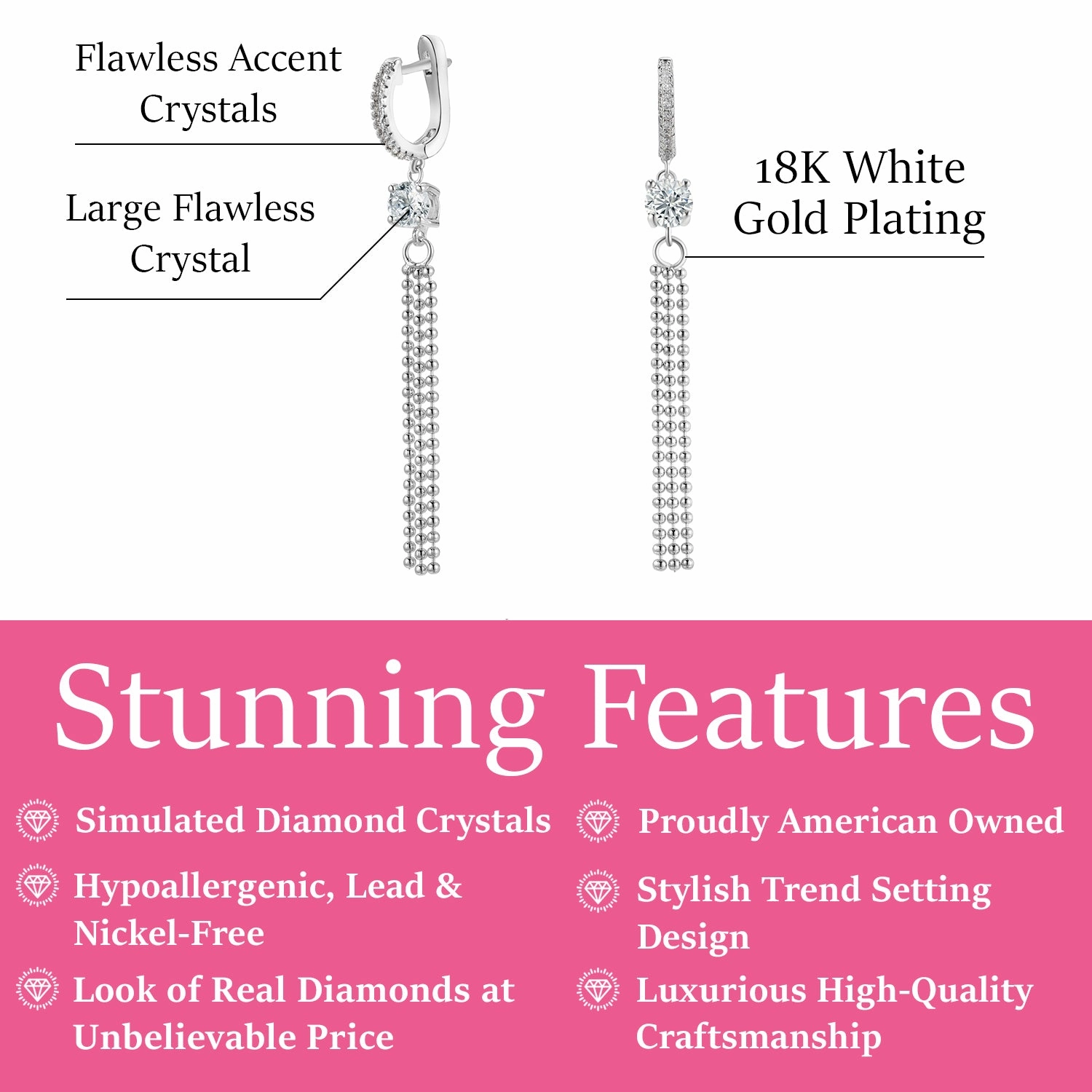 Raya 18k White Gold Plated Silver Hoop Dangle Earrings with Simulated Diamond Crystals  Final Sale