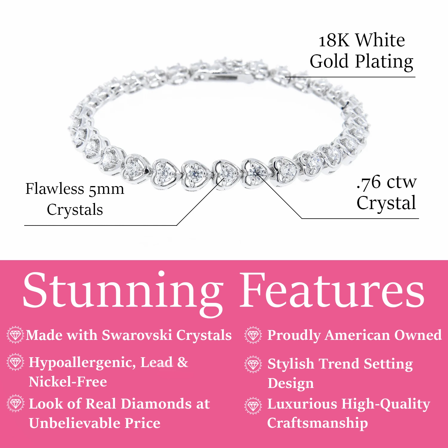 Rosalie 18k White Gold Plated Heart Tennis Bracelet with Simulated Diamond Crystals
