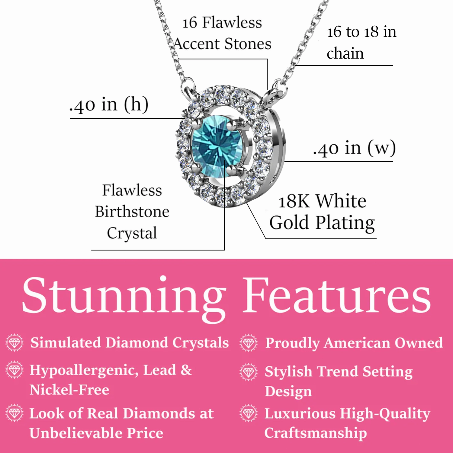 Royal Birthstone 18k White Gold Plated Halo Necklace with Round Cut Swarovski Crystals