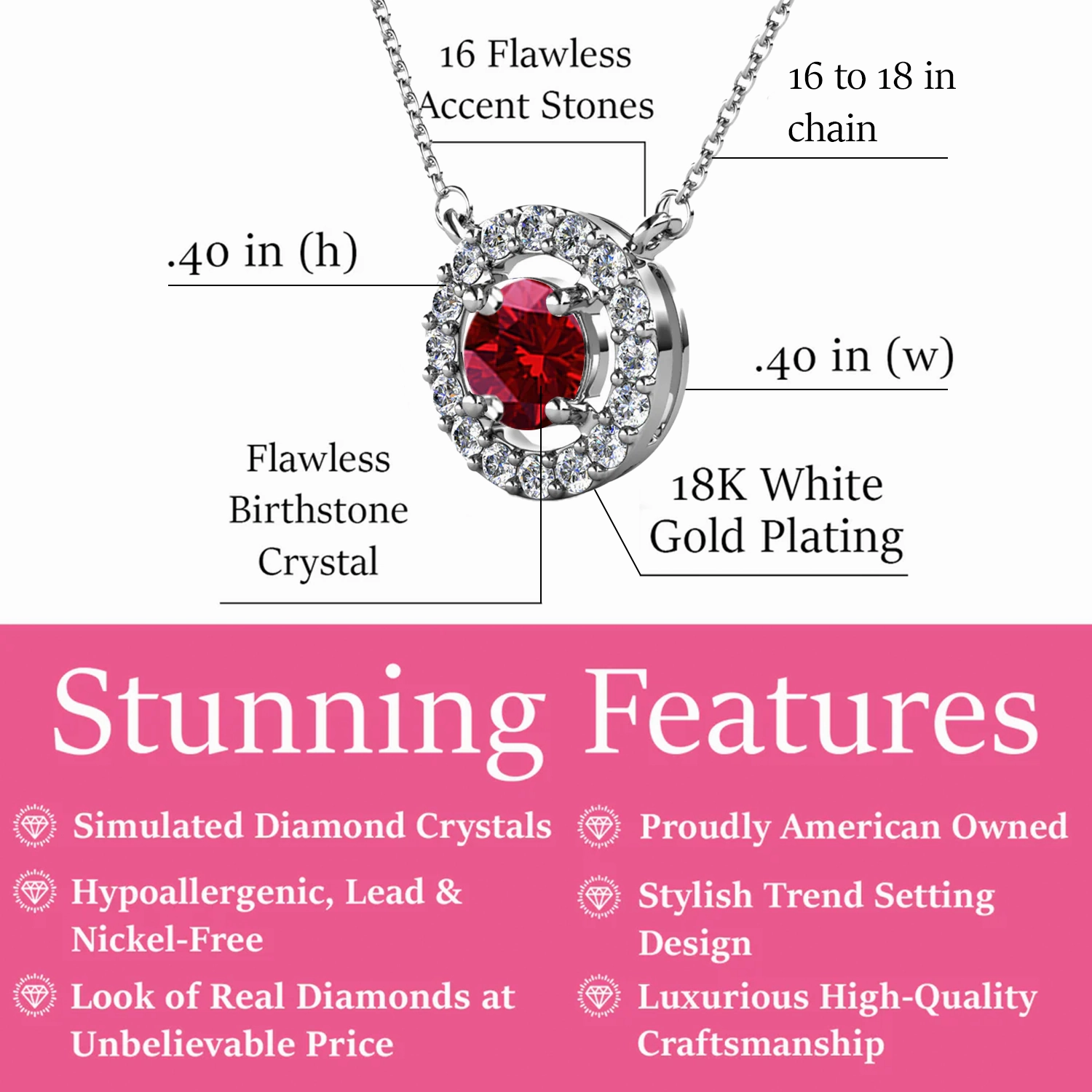 Royal Birthstone 18k White Gold Plated Halo Necklace with Round Cut Swarovski Crystals