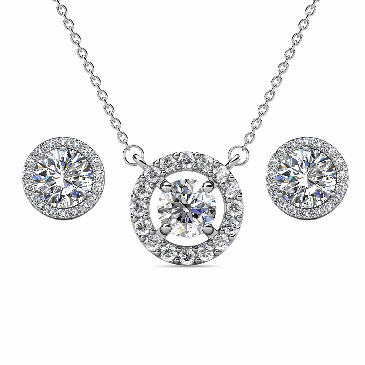 Royal Birthstone 18k White Gold Plated Halo Stud Earrings and Necklace Set with Swarovski Crystals