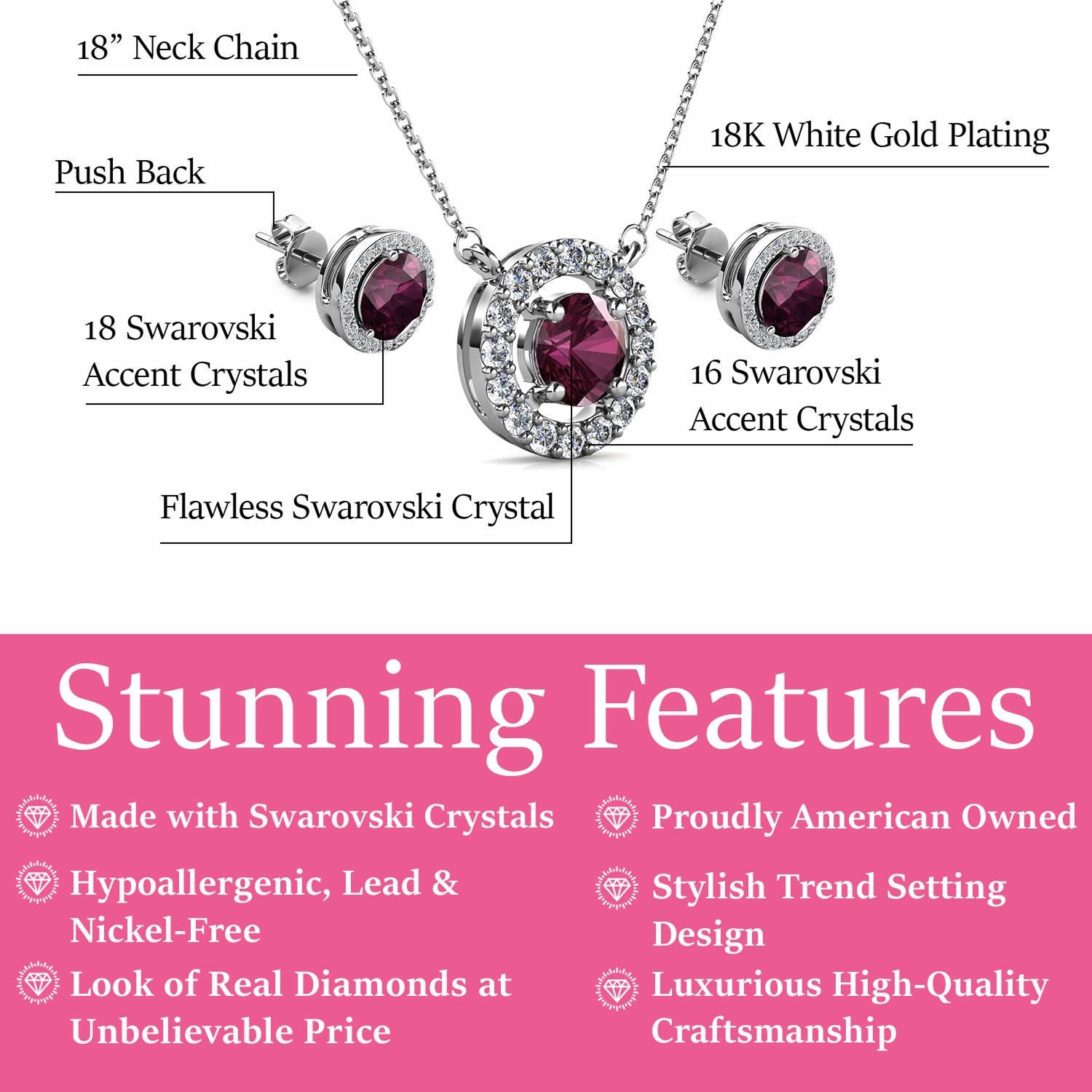 Royal Birthstone 18k White Gold Plated Halo Stud Earrings and Necklace Set with Swarovski Crystals