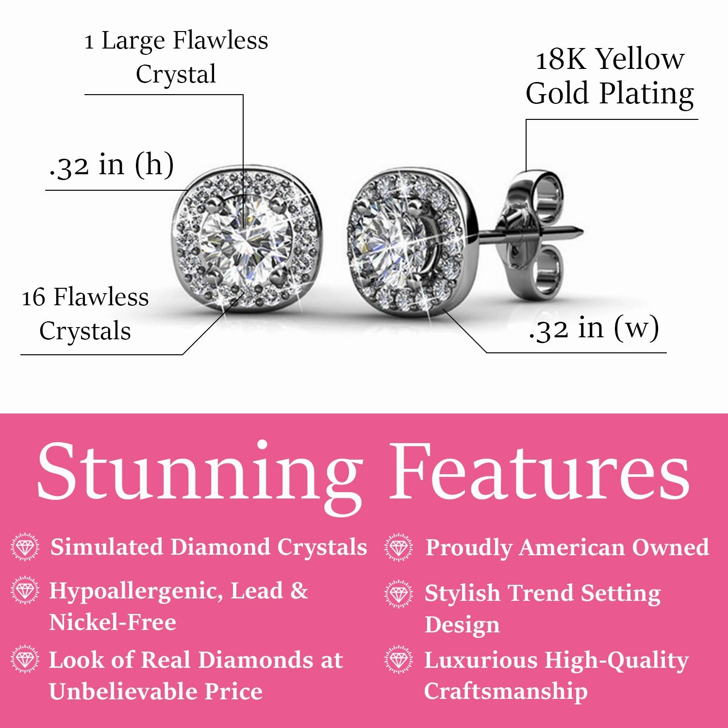 Ruth 18k White Gold Plated Halo Stud Earrings with Swarovski Crystals