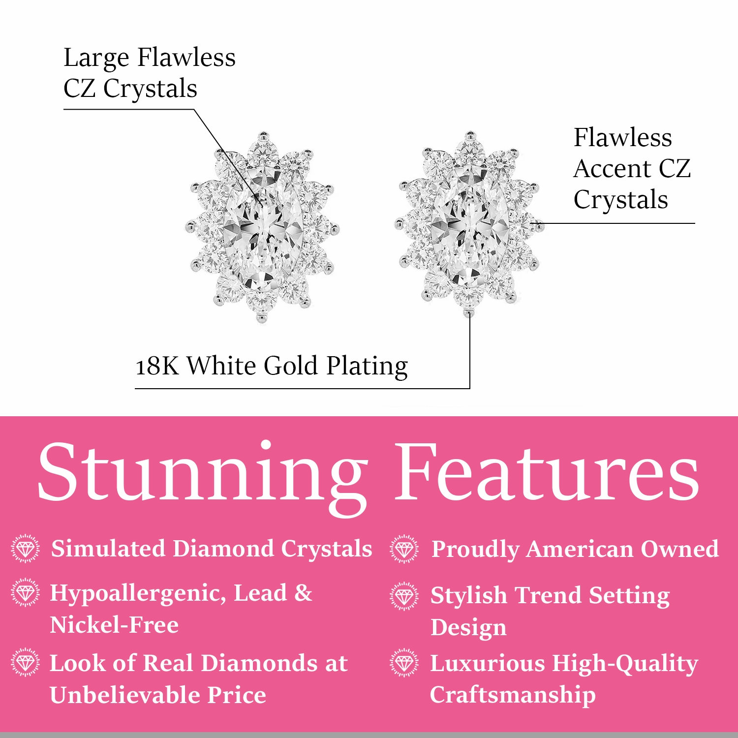 Sage 18k White Gold Plated Stud Earrings with Oval Cut Simulated Diamond Crystals