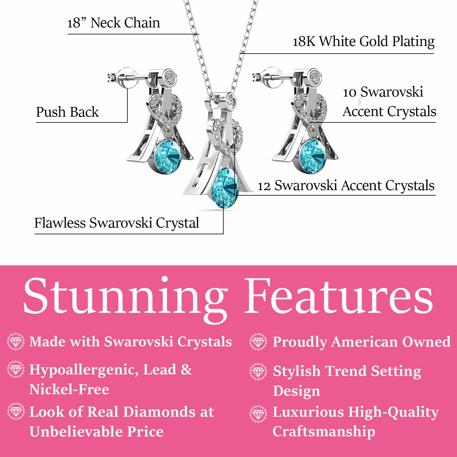 Serenity Birthstone 18k White Gold Plated Drop Earrings and Necklace Set with Swarovski Crystals