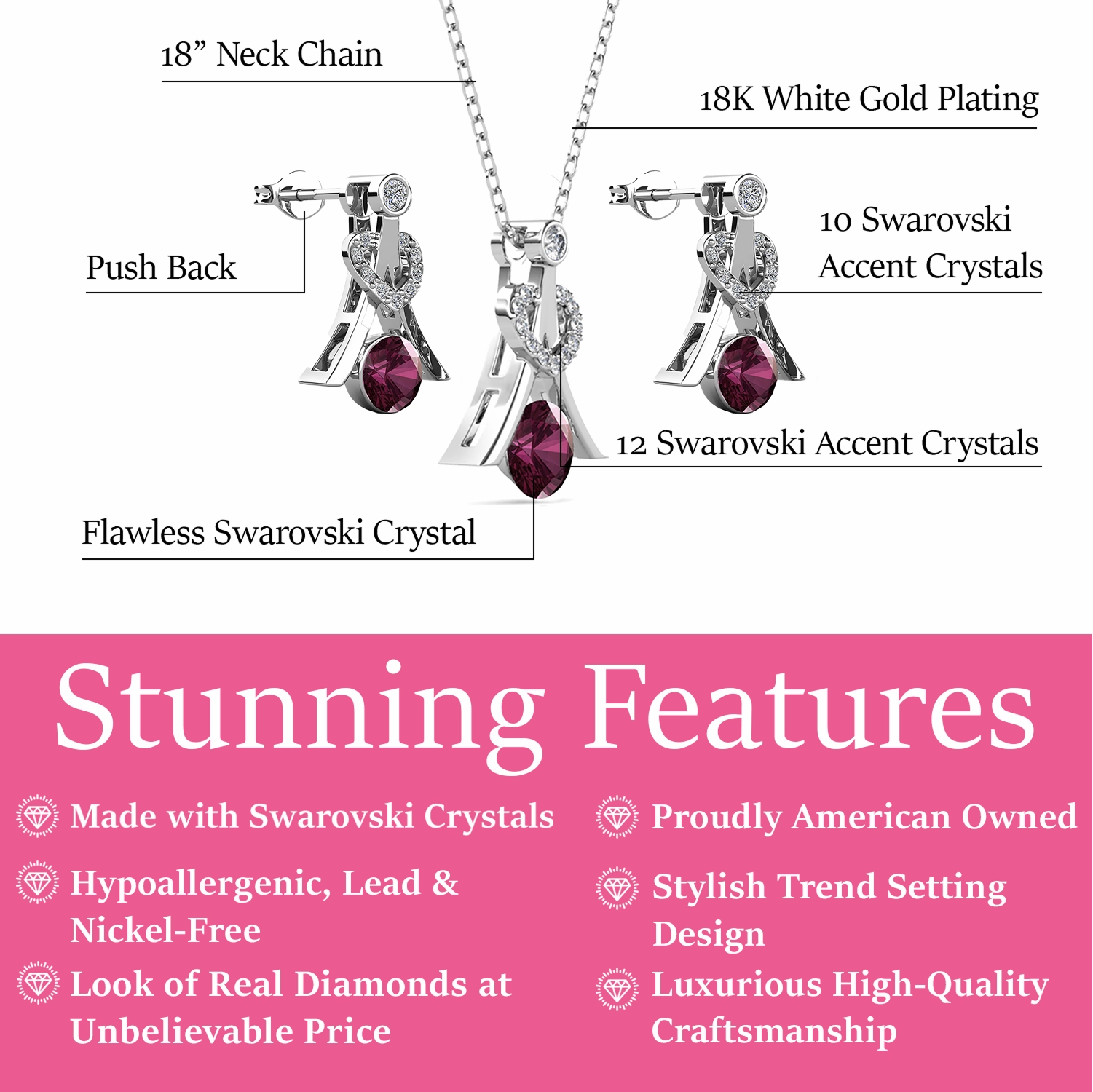Serenity Birthstone 18k White Gold Plated Drop Earrings and Necklace Set with Swarovski Crystals