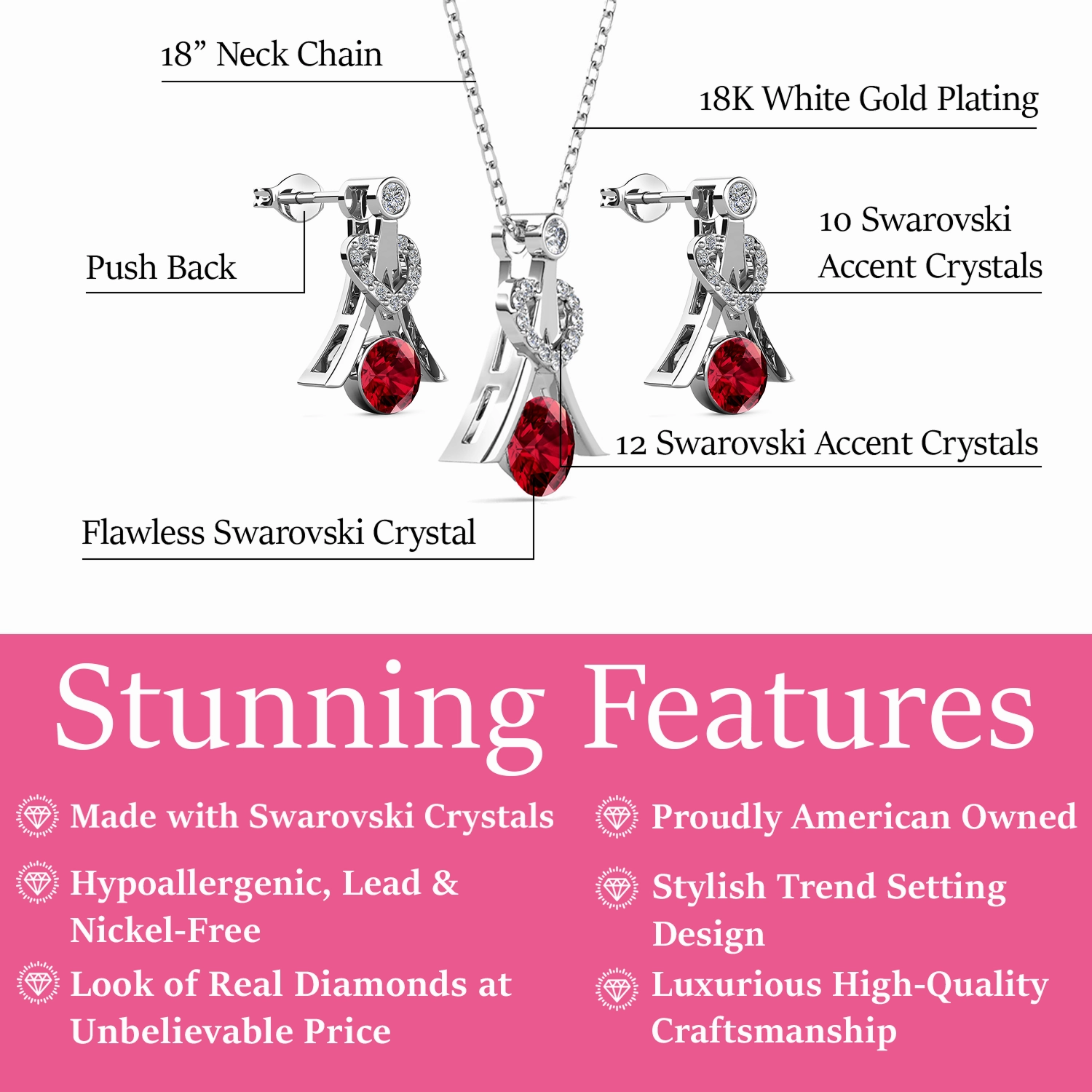 Serenity Birthstone 18k White Gold Plated Drop Earrings and Necklace Set with Swarovski Crystals