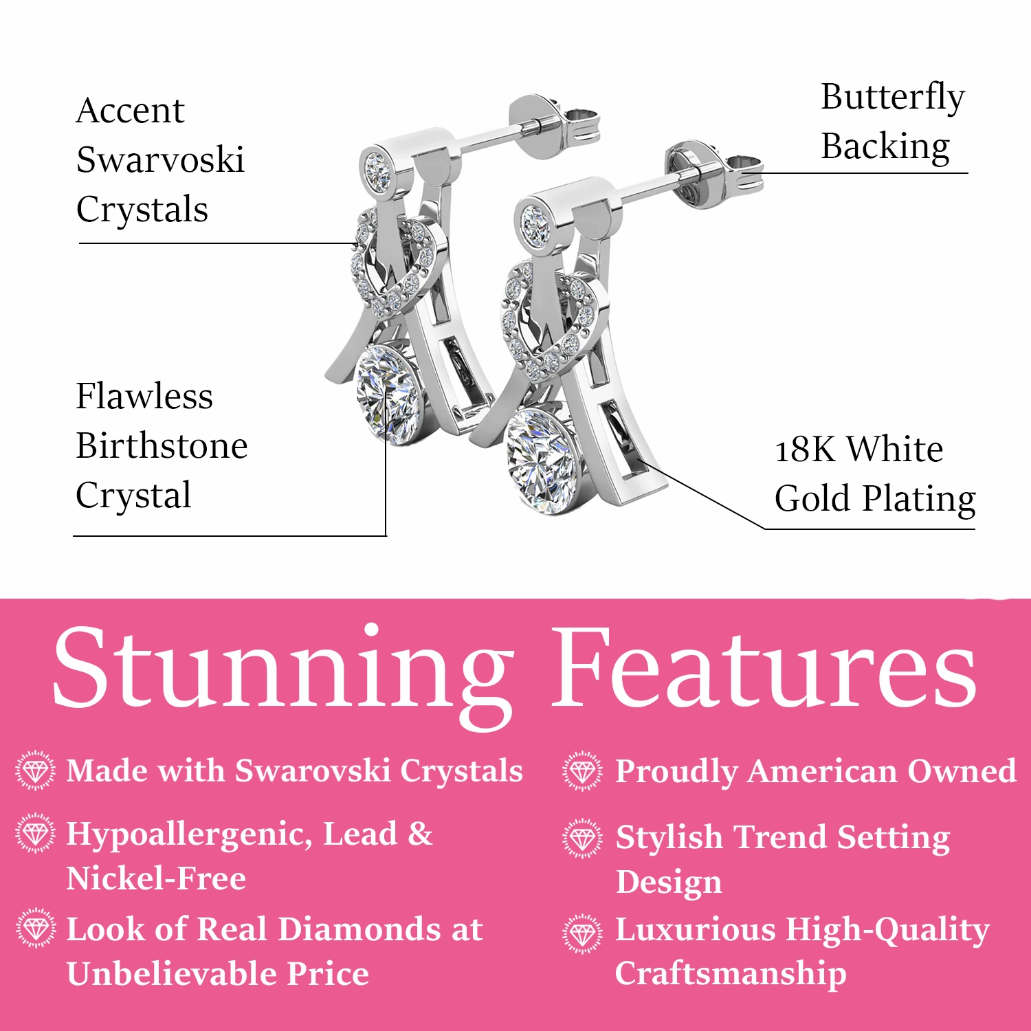 Serenity Birthstone 18k White Gold Plated Drop Earrings with Round Cut Swarovski Crystals