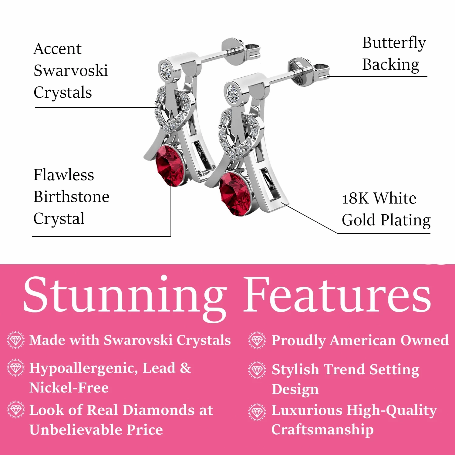 Serenity Birthstone 18k White Gold Plated Drop Earrings with Round Cut Swarovski Crystals