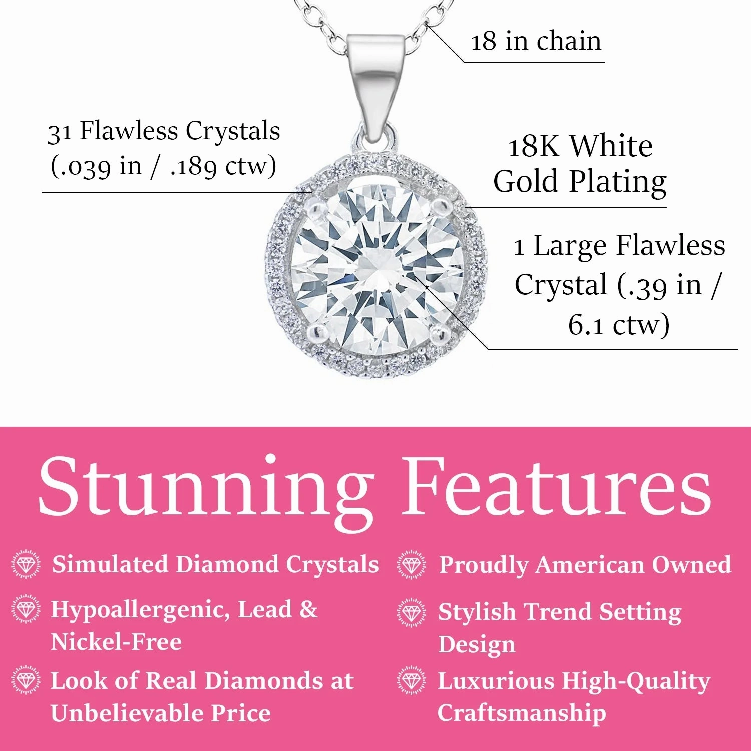 Sophia 18k White Gold Plated Pendant Necklace with Simulated Diamond Crystals