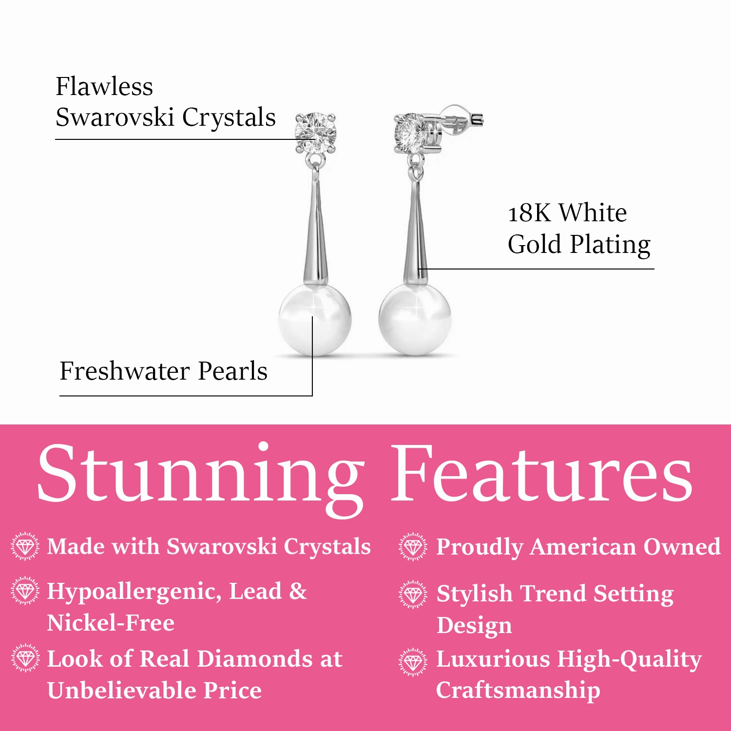 Tatum 18k White Gold Plated Pearl Dangling Stud Earrings with Swarovski Crystal