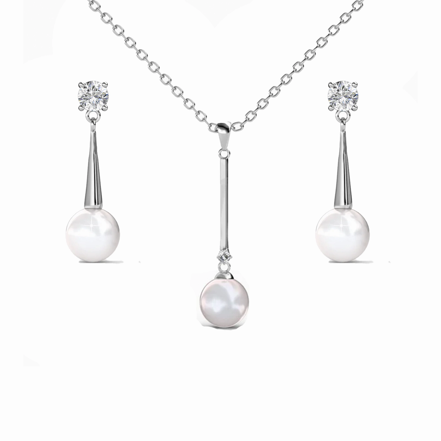 Tatum 18k White Gold Plated Pearl Necklace and Dangle Earrings Jewelry Set with Swarovski Crystals