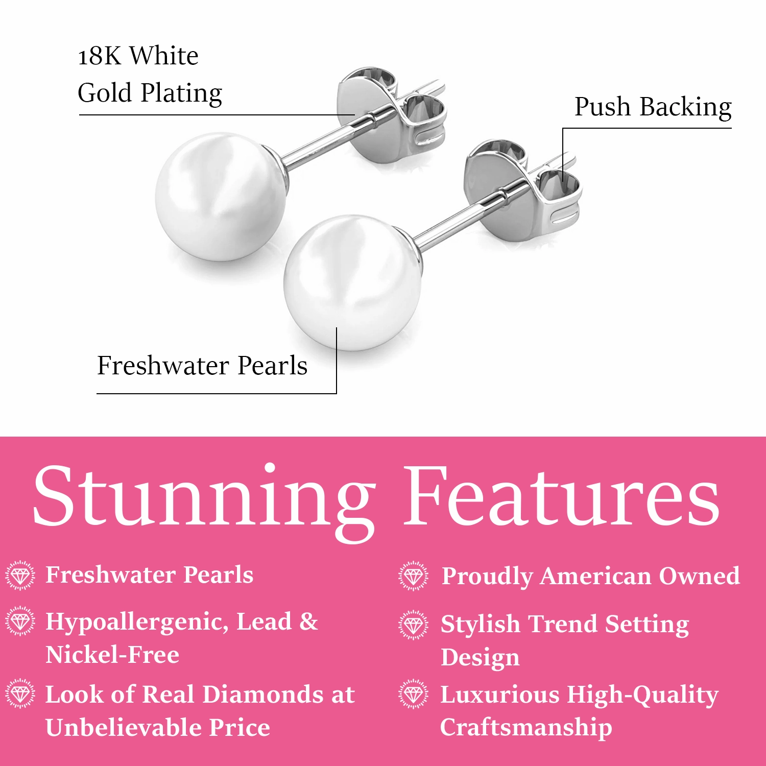 Vivienne 18k White Gold Plated Stud Earrings with Shell Pearls