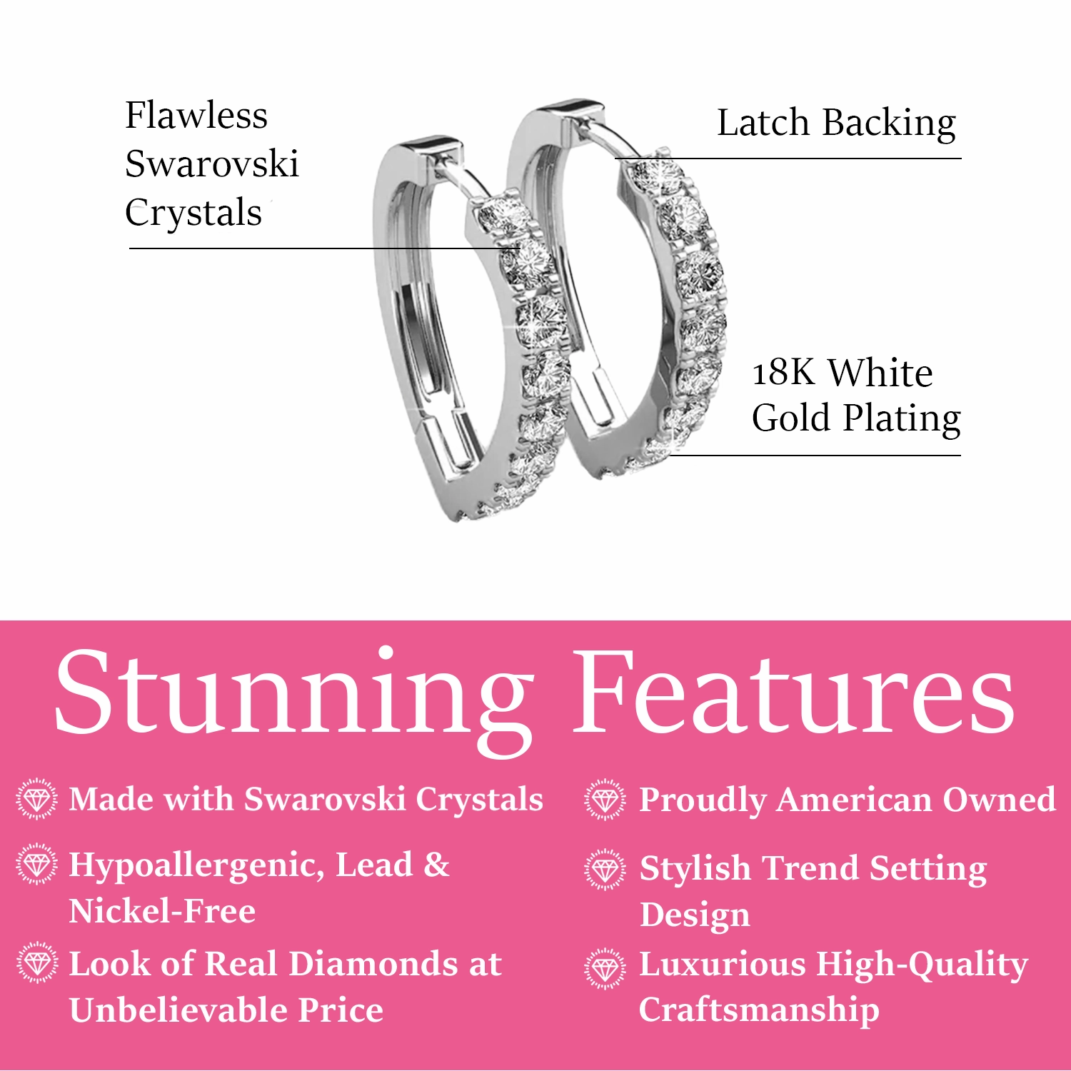 Waverly 18k White Gold Plated 16mm Hoop Earrings with Swarovski Crystals