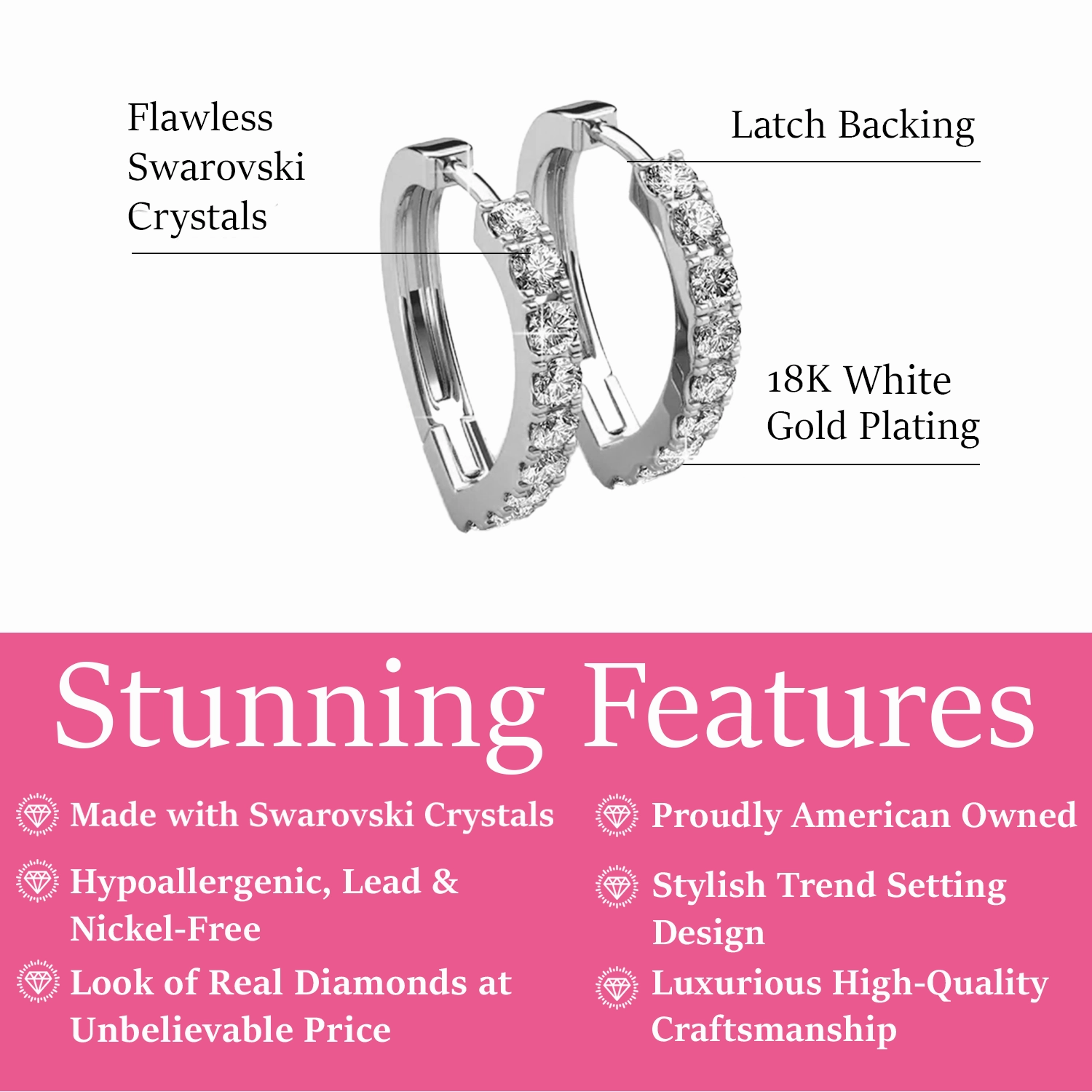 Waverly 18k White Gold Plated 16mm Hoop Earrings with Swarovski Crystals