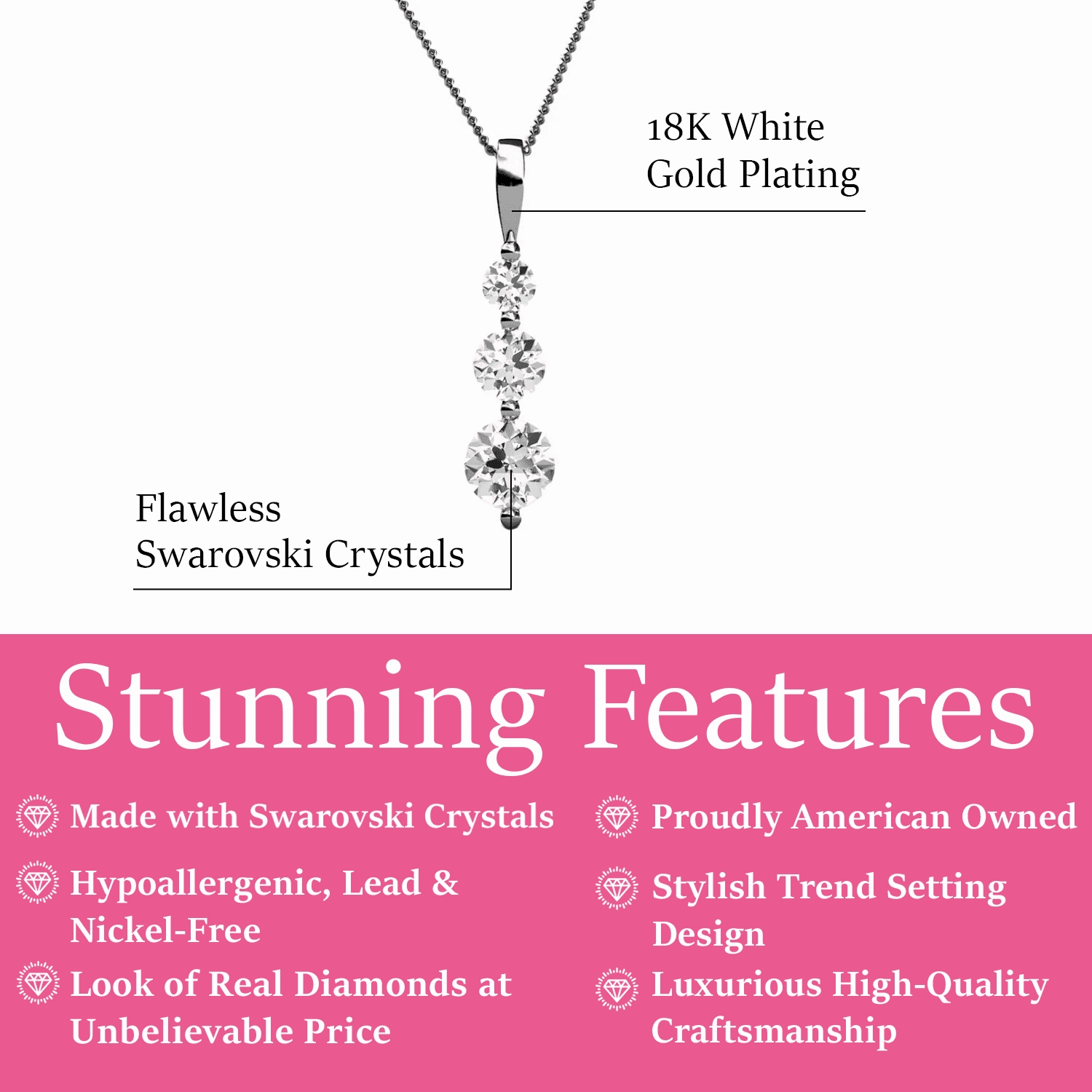 Willow 18K White Gold Plated 3 Stone Drop Pendant Necklace with Swarovski Crystals