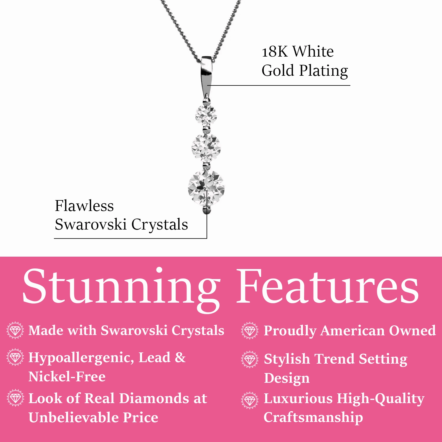 Willow 18K White Gold Plated 3 Stone Drop Pendant Necklace with Swarovski Crystals