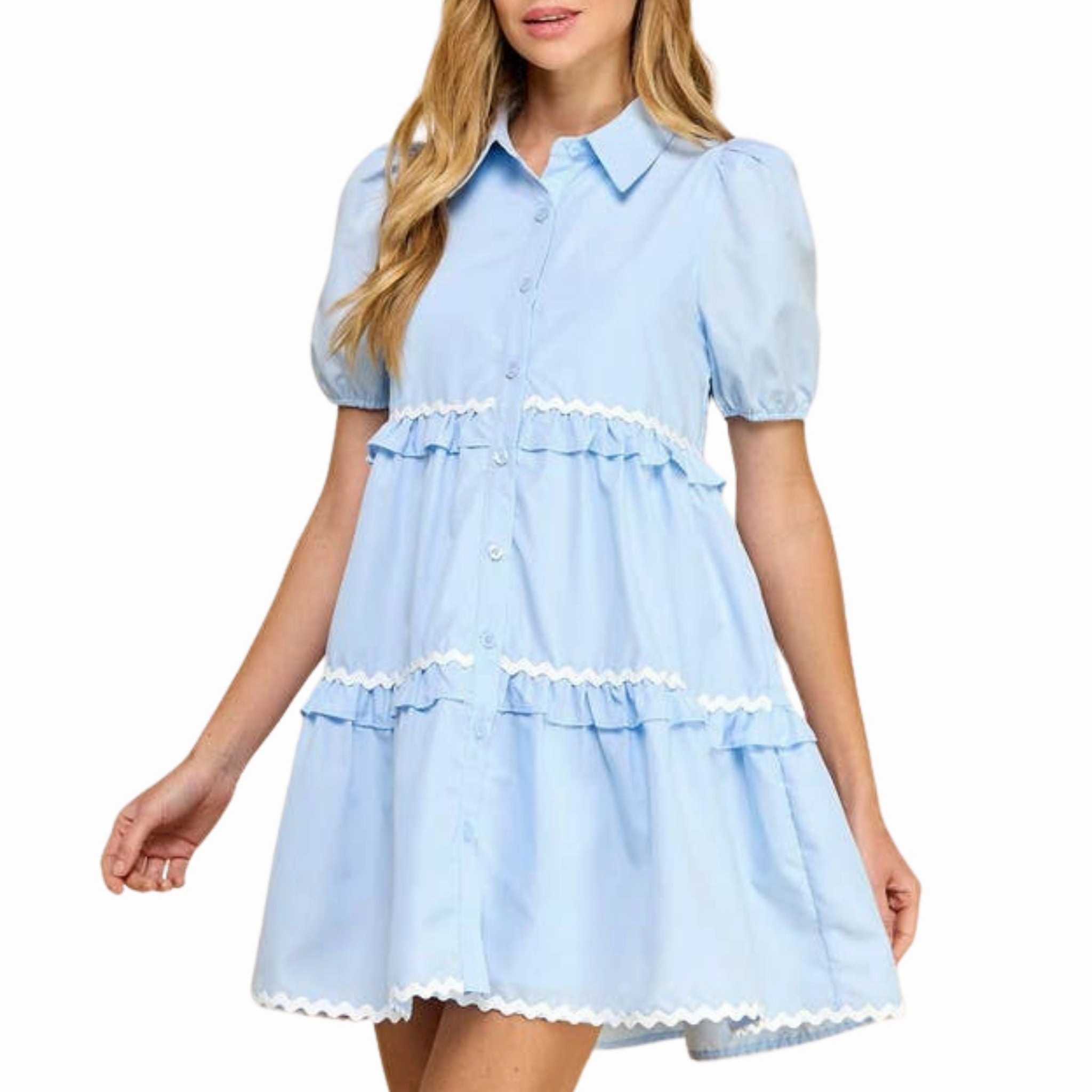 Zigzag Detail Short Puff Sleeve Shirt Dress