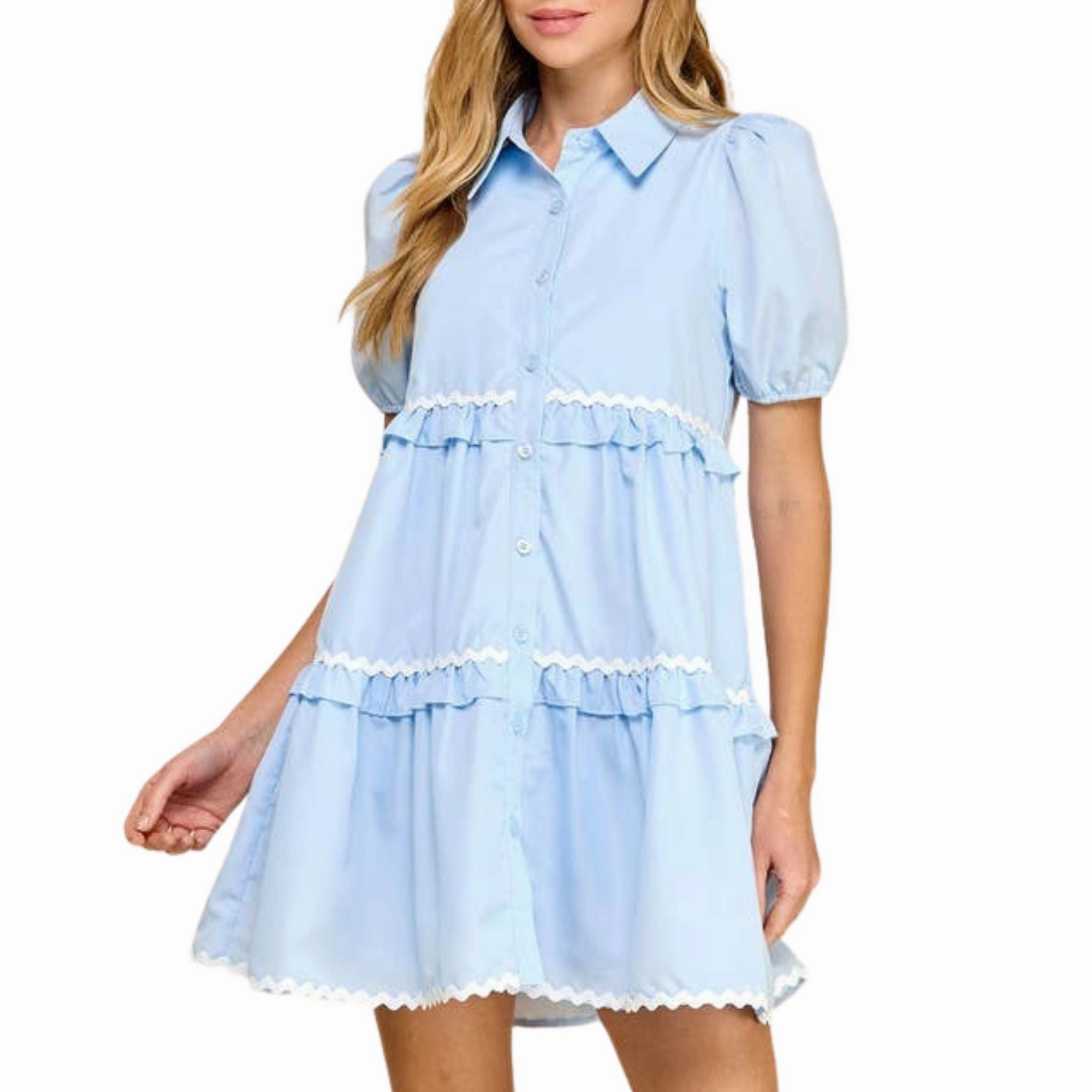Zigzag Detail Short Puff Sleeve Shirt Dress